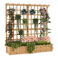 Wooden Planter Box with Trellis Raised Garden Bed for Flowers and Vegetables Deep Planter with Hanging Roof & Drainage Holes