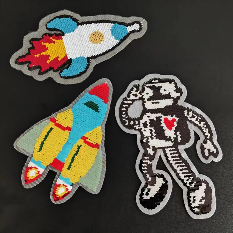 Reversible Sequin Rocket Robot Patch Embroidery Applique Double-Sided Two-Tone Design for DIY Decoration for T-Shirts and Fabric