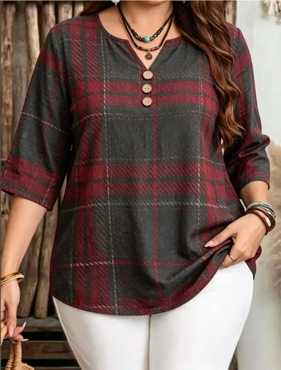 Plaid Floral Plus Size Blouses Solid Daisy Leaf Rose Maple Prints Notch Split V Neck 3 Buttons 3/4 Sleeve Loose Fall Tops