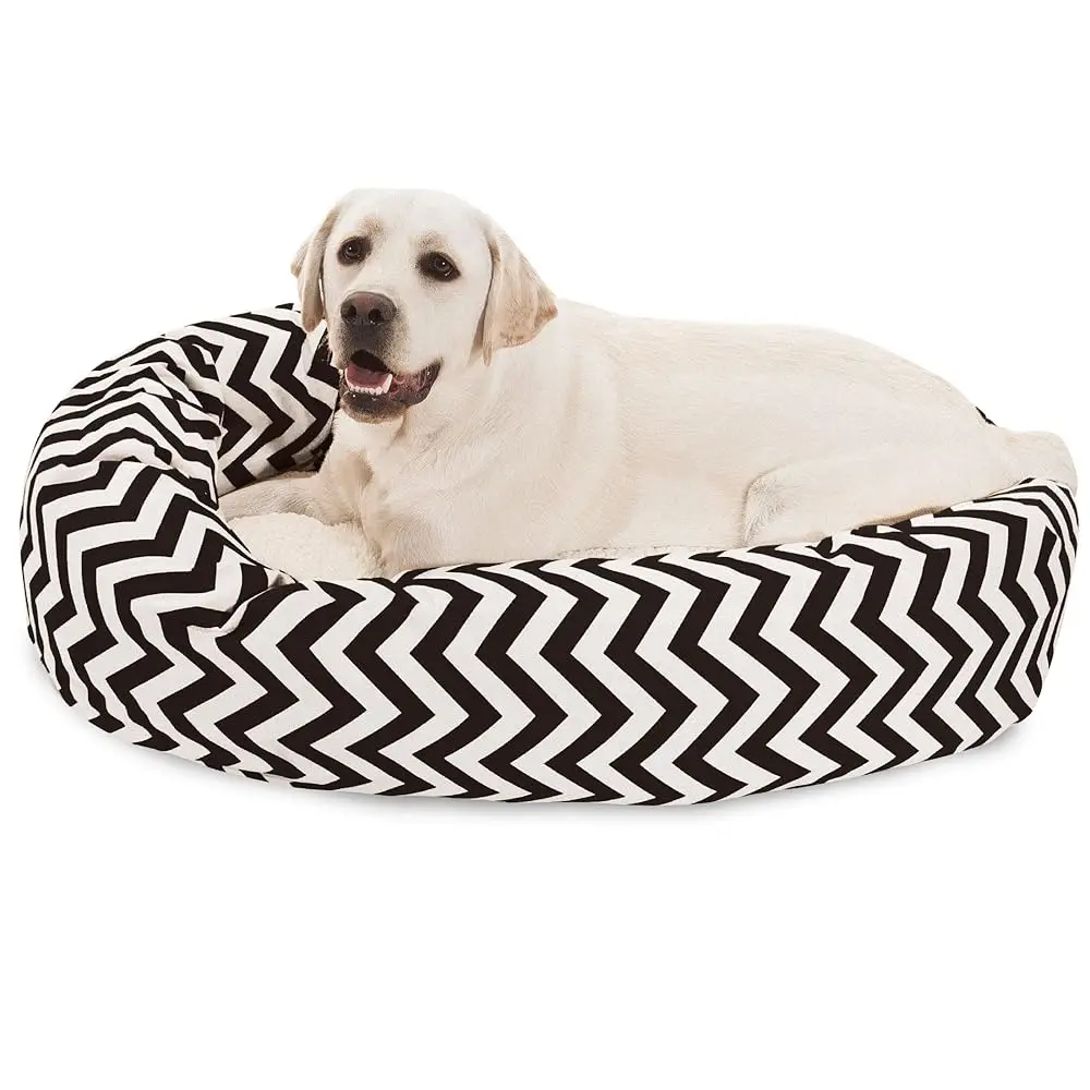 

40 H Chevron Sherpa Calming Dog Bed Washable – Cozy Soft Round Pet Bed With Spine For Head Support - Fluffy Donut Bed 40X29X9