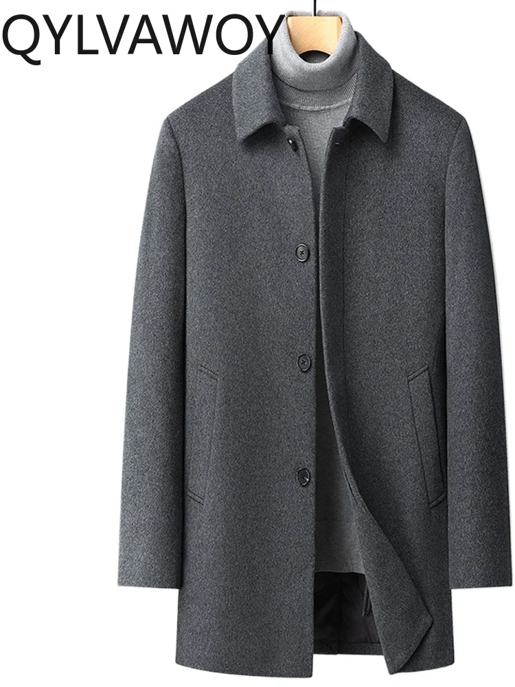 

QYLVAWOY Men's High-End 100% Pure Cashmere Mid-Long Coat Autumn Winter Lapel Wool Middle-Aged Elderly Outerwear LJ2092