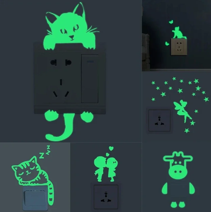 ملصقات بمفتاح مضيئة لغرف الأطفال ، متوهجة في الظلام ، ملصق زخرفي ، قطة كرتون ، كلب ، خرافية ، نجمة ، جدار PVC ، ديكور منزلي ، #1