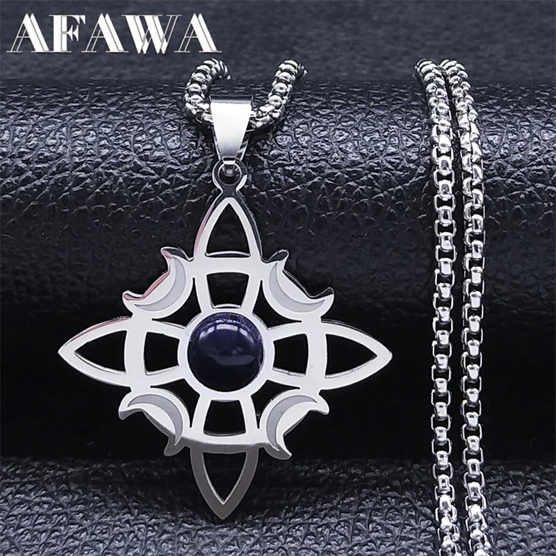 Wicca Celtic Knot Triple Moon Goddess Necklace Stainless Steel Natural Stone Witch Amulet Chain Necklaces Jewelry collar