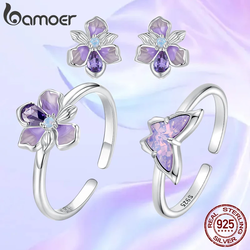 

Bamoer стерлингового серебра 925 пробы, оригинальное открытое кольцо с цветком ириса, серьги-бабочки, фиолетовые романтические серьги для женщин, вечерние комплект изящных ювелирных изделий