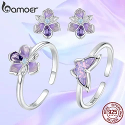 Bamoer 925 Sterling Silver Original Iris Flower Open Ring Butterfly Earrings Purple Romantic For Women Party Fine Jewelry Set