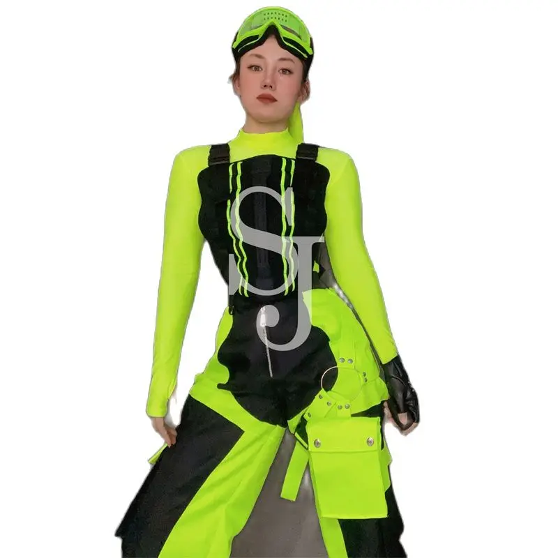 Fluorescent Yellow Top Pants Jazz Dance Overalls Women Gogo Dance Costume Hip Hop Clothing Stage Show Festival Outfit XS6425