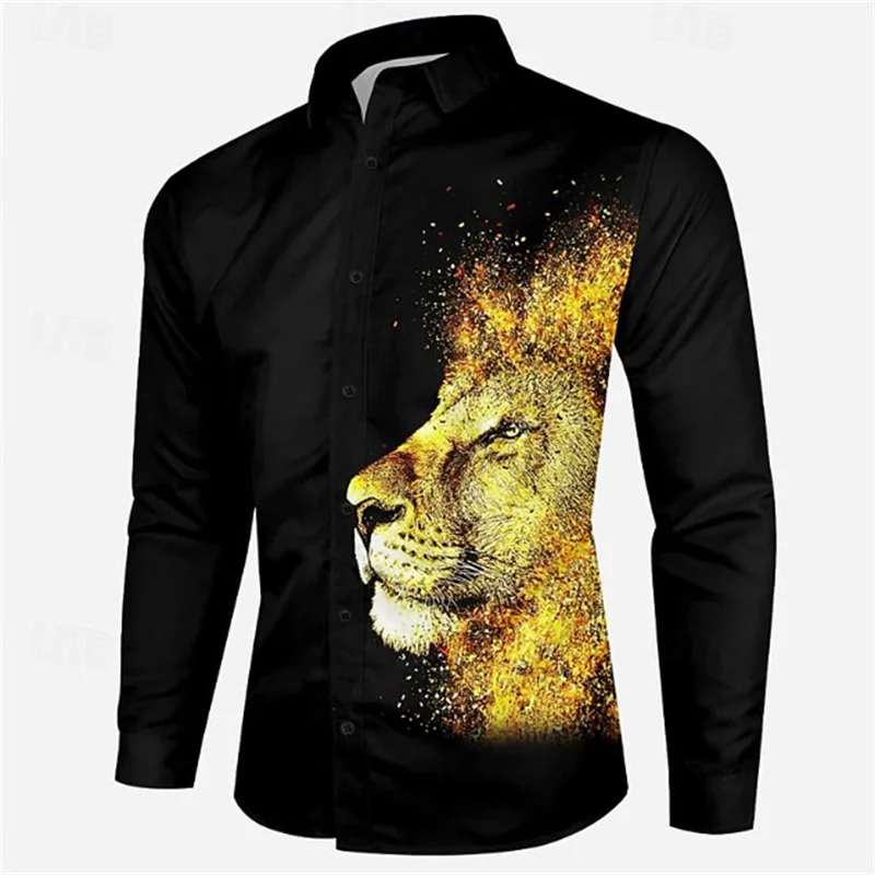 Men's tops T-shirt casual outdoor wolf lion HD pattern soft and comfortable street outdoor men's suit lapel shirt new XS-6XL