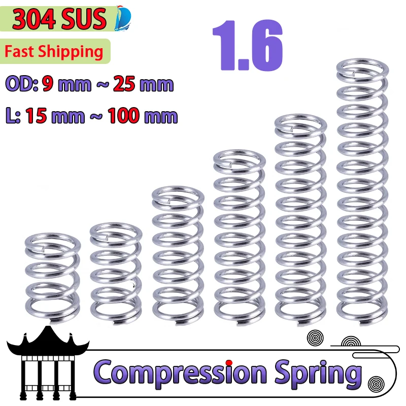 Wire Diameter 1.6 mm 304 Stainless Steel Compression Spring Shock Absorbing Return Spring Damping Pressure Spring Custom 5 Pcs