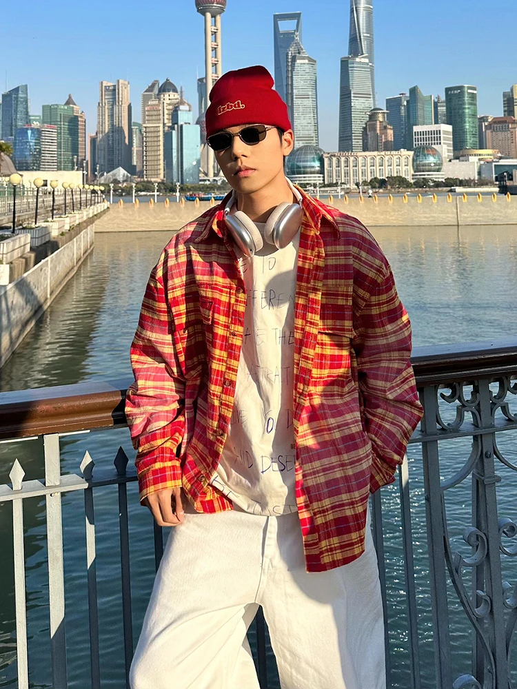 

Red Plaid Long Sleeve Shirt Men's Spring Summer Cool Handsome Checkered Sun Protection Outerwear Loose Fit Breathable Shirt