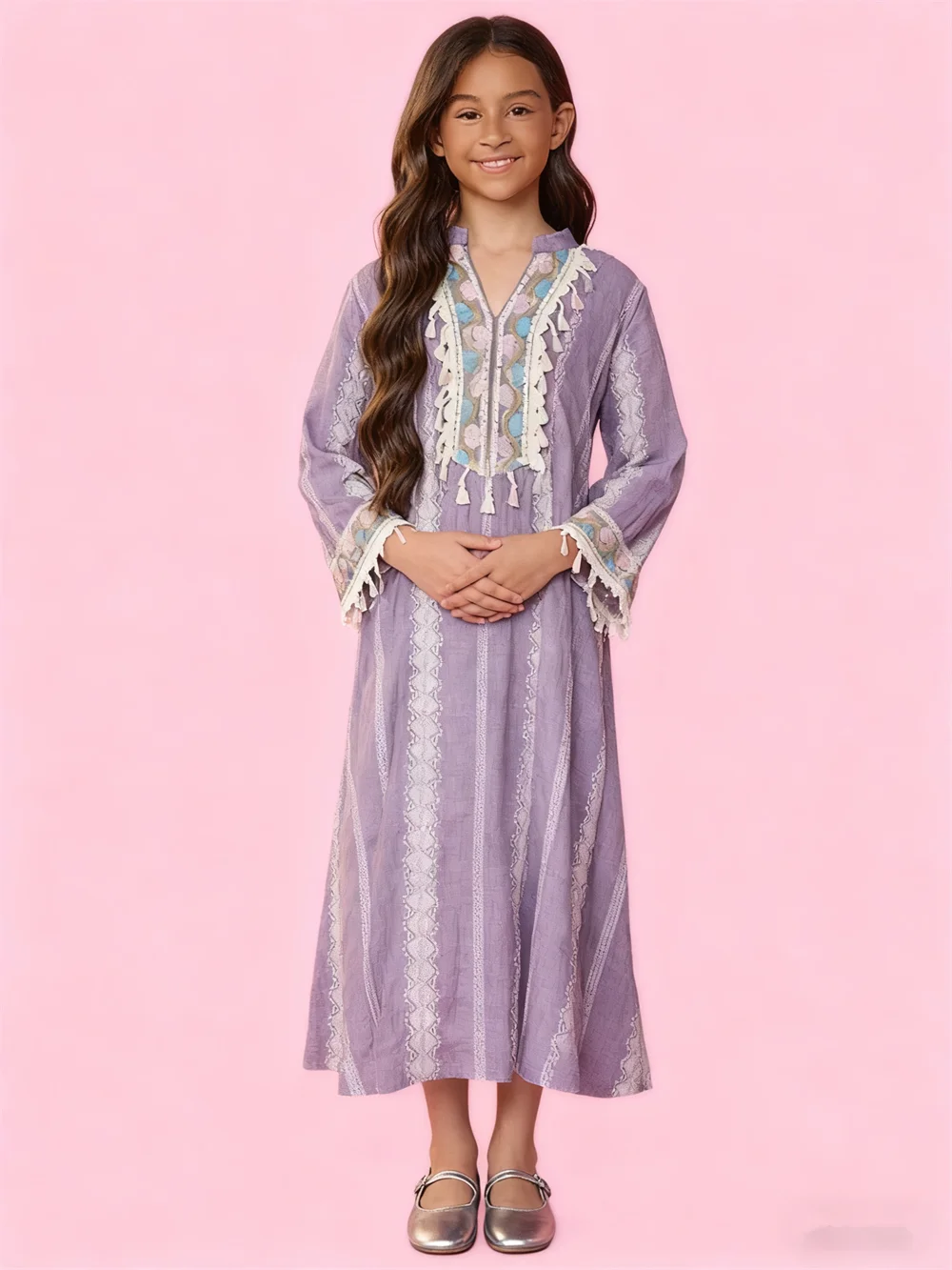 

Ид Джеллаба, детское мусульманское платье с вышивкой для девочек, Дубай, Абая, кафтан с кисточками, исламская детская одежда, арабский халат, платье Рамадана Джалабия