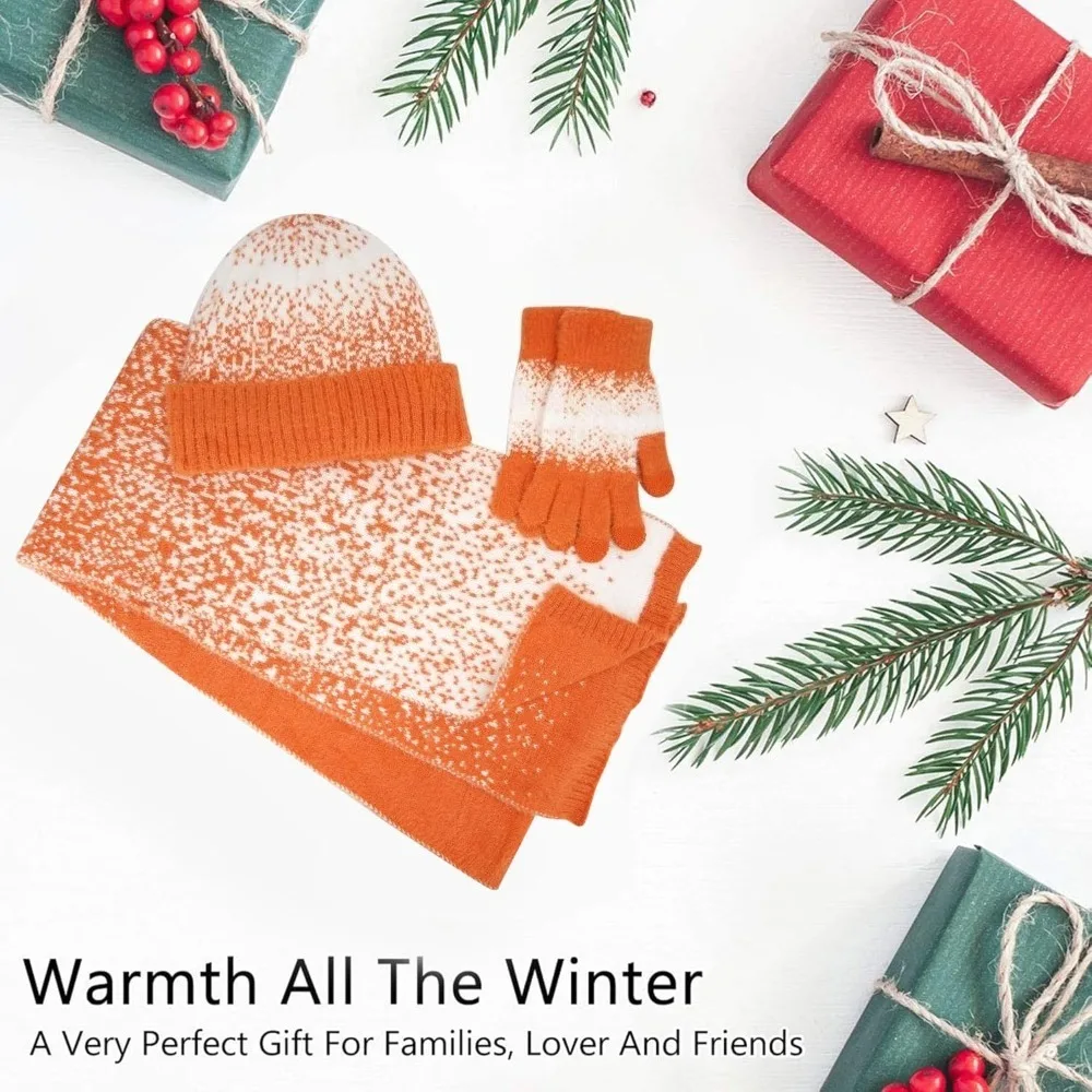 المرأة الشتاء قبعات صغيرة متماسكة وقفازات لمس وشاح طويل مجموعة مع الدافئة صوف مبطن قبعات الجمجمة الأوشحة للنساء