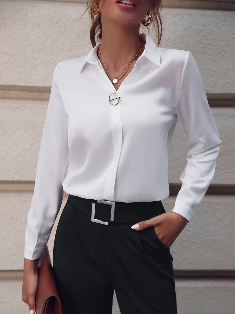 Damskie wiosenne letnie bluzki w stylu koszule Lady Office OL Style skręcić w dół kołnierz z długim rękawem jednokolorowe Blusas topy DF5000