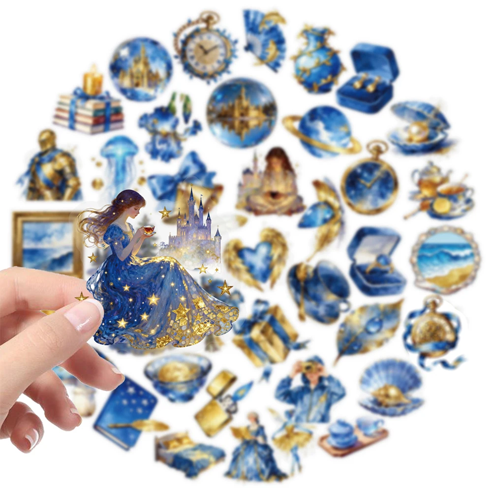 

10/30/56pcs Vintage Blue Gold Aesthetic Art Stickers Cartoon Graffiti Sticker DIY Water Bottle Laptop Phone Transparent Decals