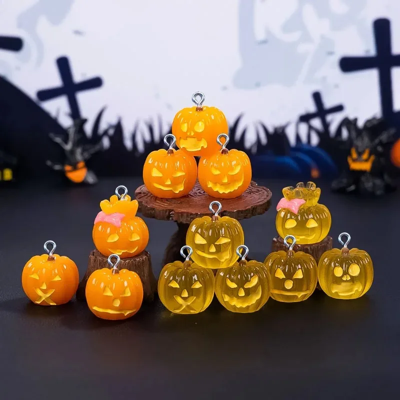 10Pcs Halloween Luminous Pumpkin Resin Charms Pendants for Jewelry Making Findings DIY Necklace Keychain Decoration Accessories