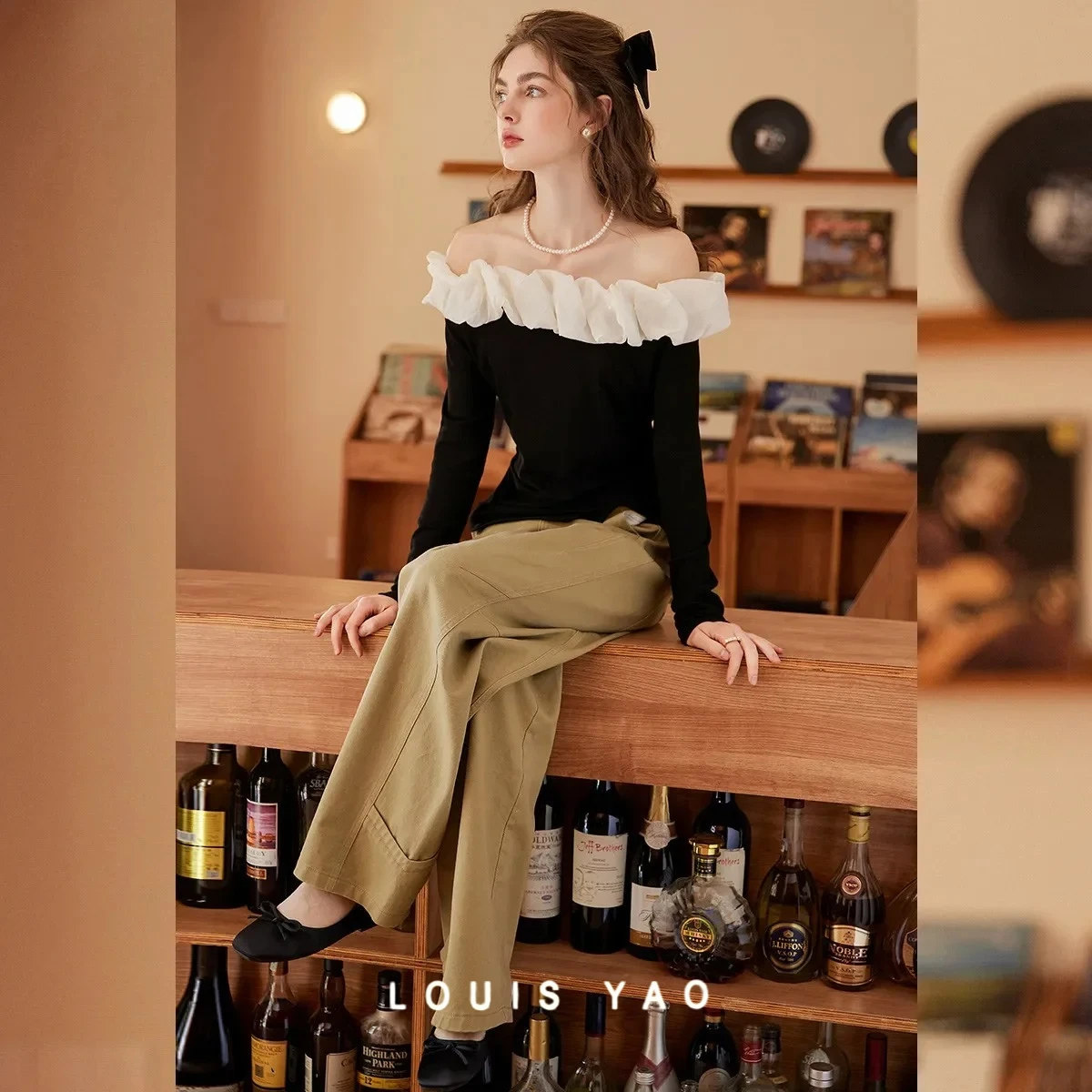 

LOUIS YAO Slim Women's T-shirt 2025 Spring/Autumn Romantic French Elegance Color Contrasting Flower Bud Edge One Shoulder Tees