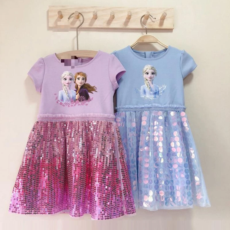 Ice and Snow Romance Dresses Summer Hot Saled Sweet Elsa Comfortable Baby Dress Elsa Pure Cotton Short Sleeved Baby Girl Clothes