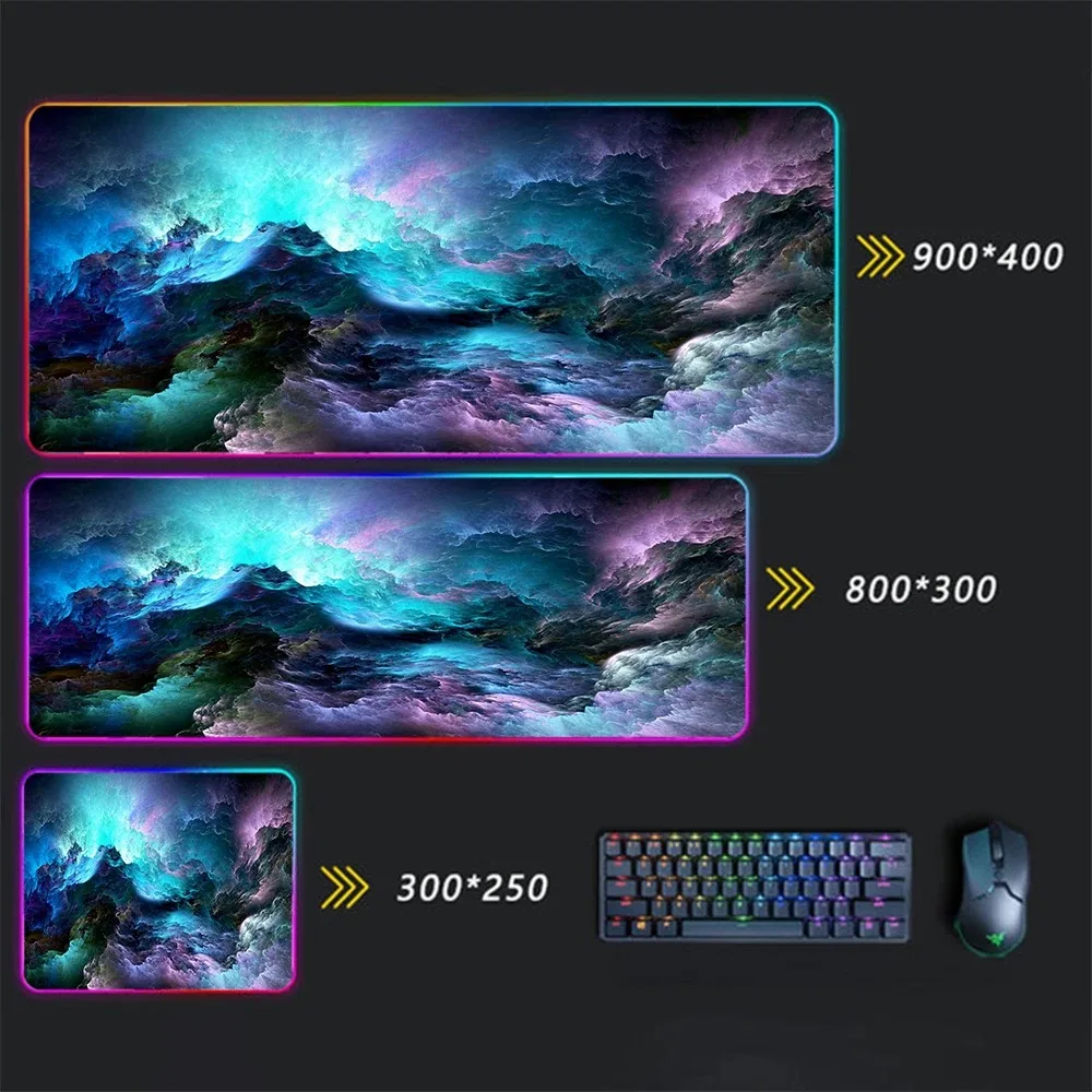 Sky Clouds Gaming Mouse Pad with RGB Rubber Mousepad LED Tapete de rato antiderrapante Backlit Anime Keyboard Mat Acessórios par