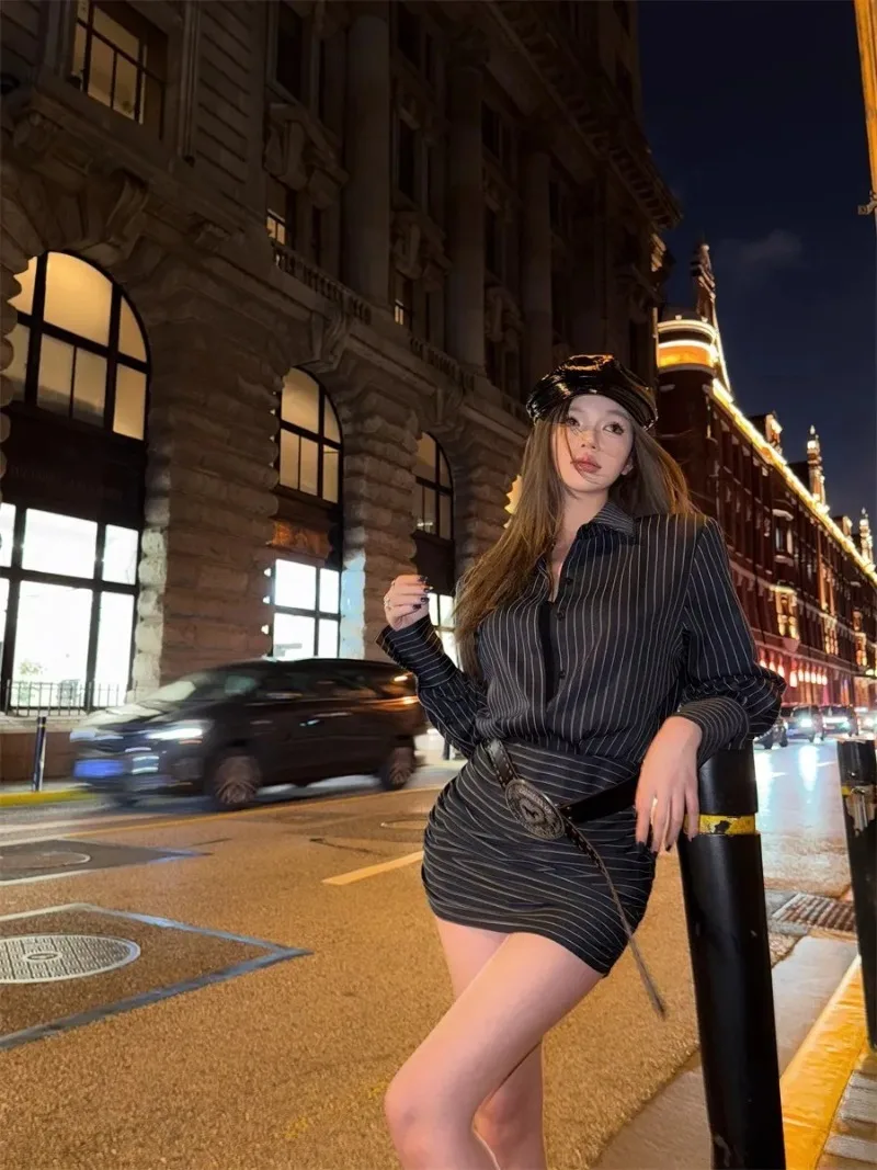 فستان قميص نسائي مخطط بأكمام طويلة فستان قميص الورك المعانقة تنورة قصيرة مكتب سيدة مثير سليم صالح فستان الكورية نمط 2025 #4