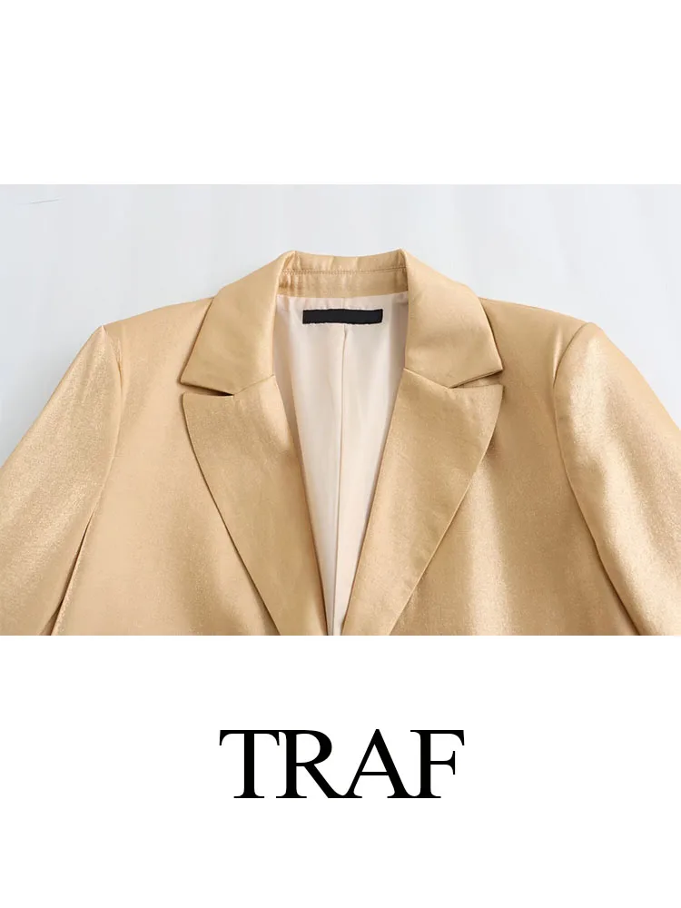 Imagem -04 - Traf-blazer de Ouro Chique para Mulheres Gola Virada para Baixo Mangas Compridas Bolsos Peito Único Cabolsas Femininos Senhora do Escritório Nova Moda Primavera