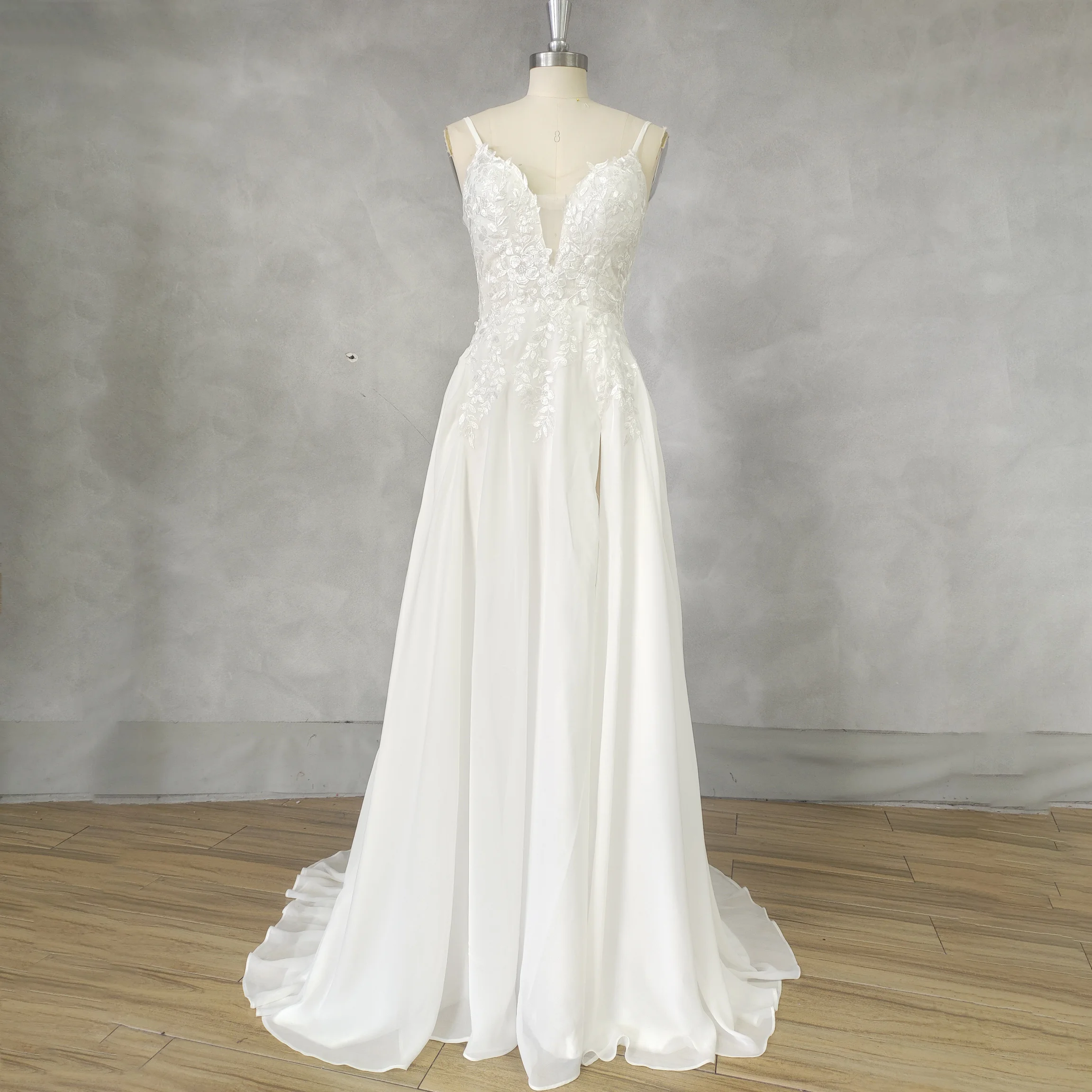 Spaghetti Strap Floral Lace Chiffon Wedding Dress Backless High Slit Train A Line Ivory Custom Vestido Novia Beach Garden Bride