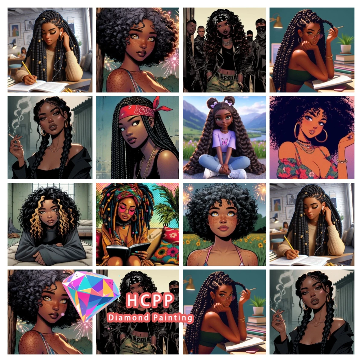 

Cartoon African Girl Diamond Drawing Kit Square Round Diamond 5D DIY Hip Hop Cool Girl Mosaic Handmade Art Gift Home Decoration