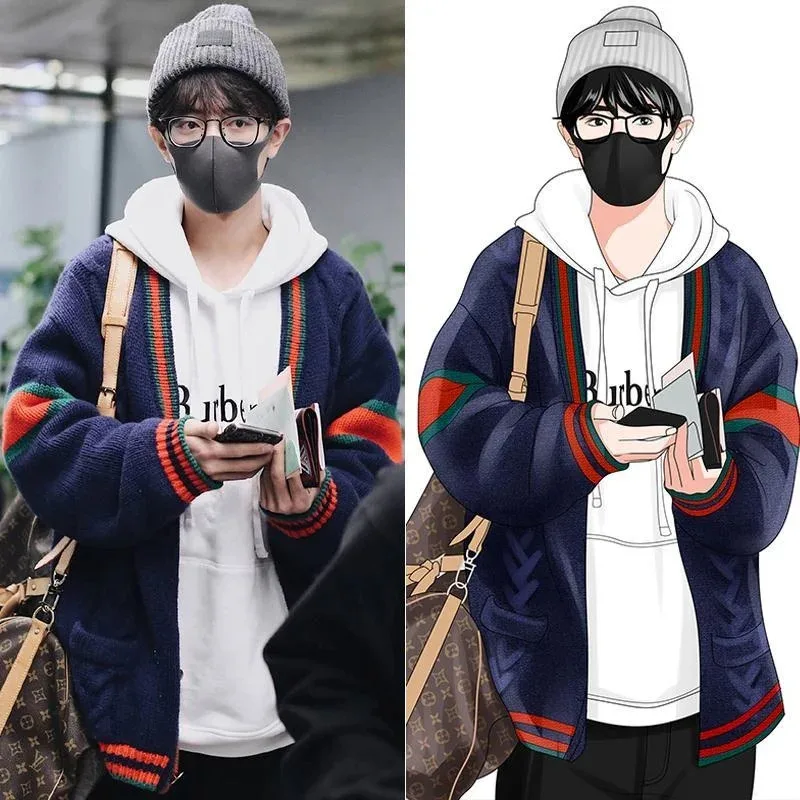 

Xiao Zhan Same Style Knitted Sweaterc Ardigan Jacket Loose Lazy Style Couple Clothing Striped Sweater for Women Men