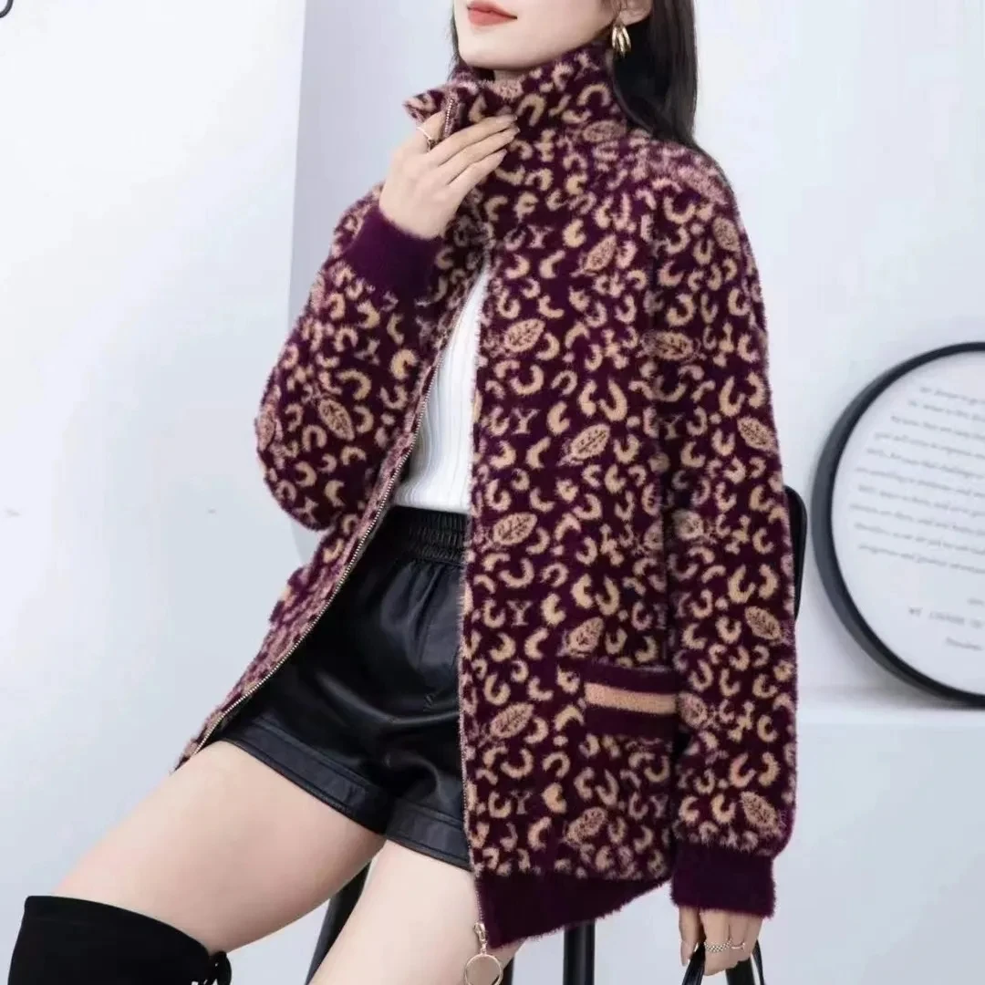 Middle Aged Elderly Women Imitation Mink Velvet Coat High End Fashion Leopard Print Knitted Cardigan Zipper Sweater Jacket 5XL