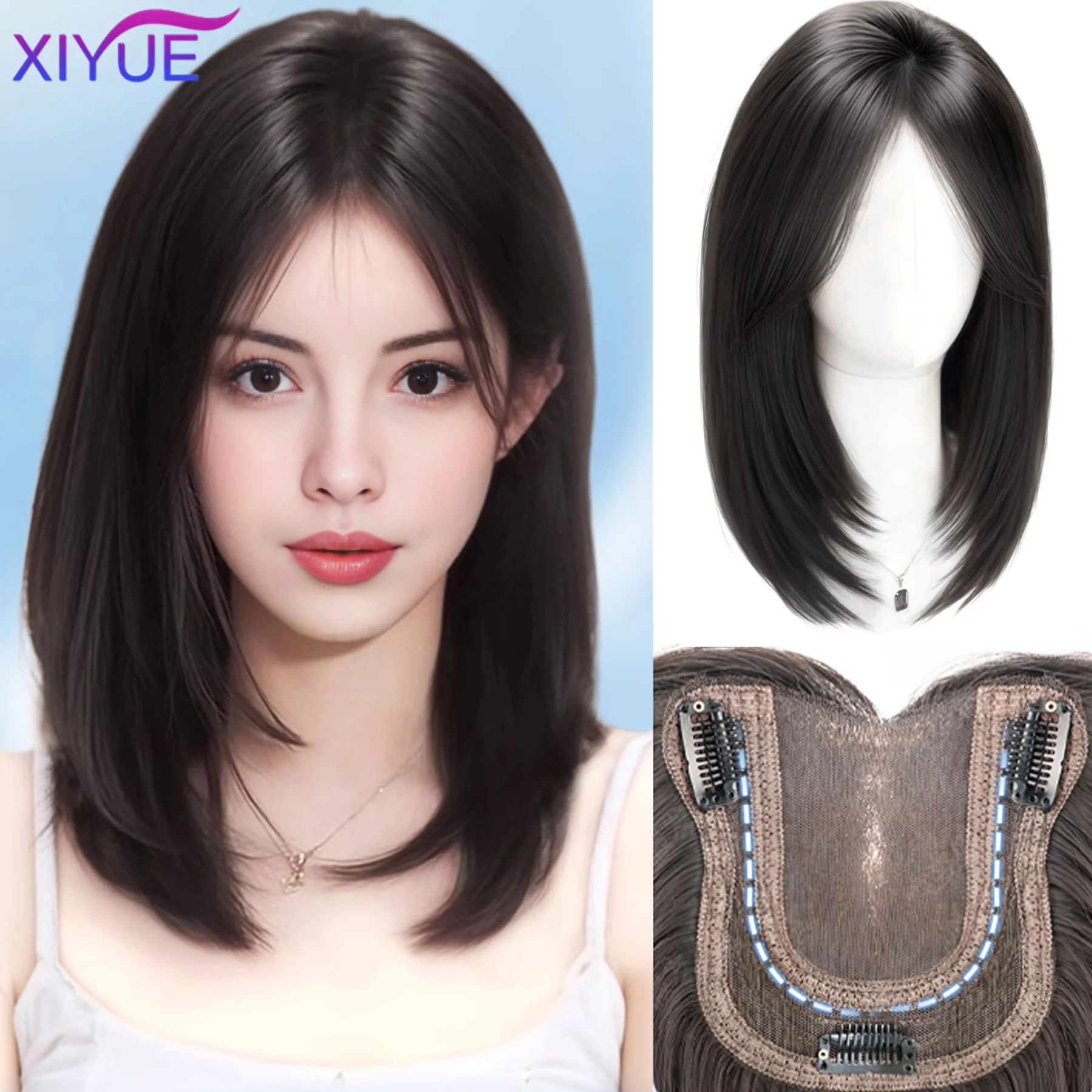 

Synthetic Long Straight Layered Hair Wig Clip in Hair Extensions Natural Fluffy Head Top Fake Hair Piece with Bang Clip