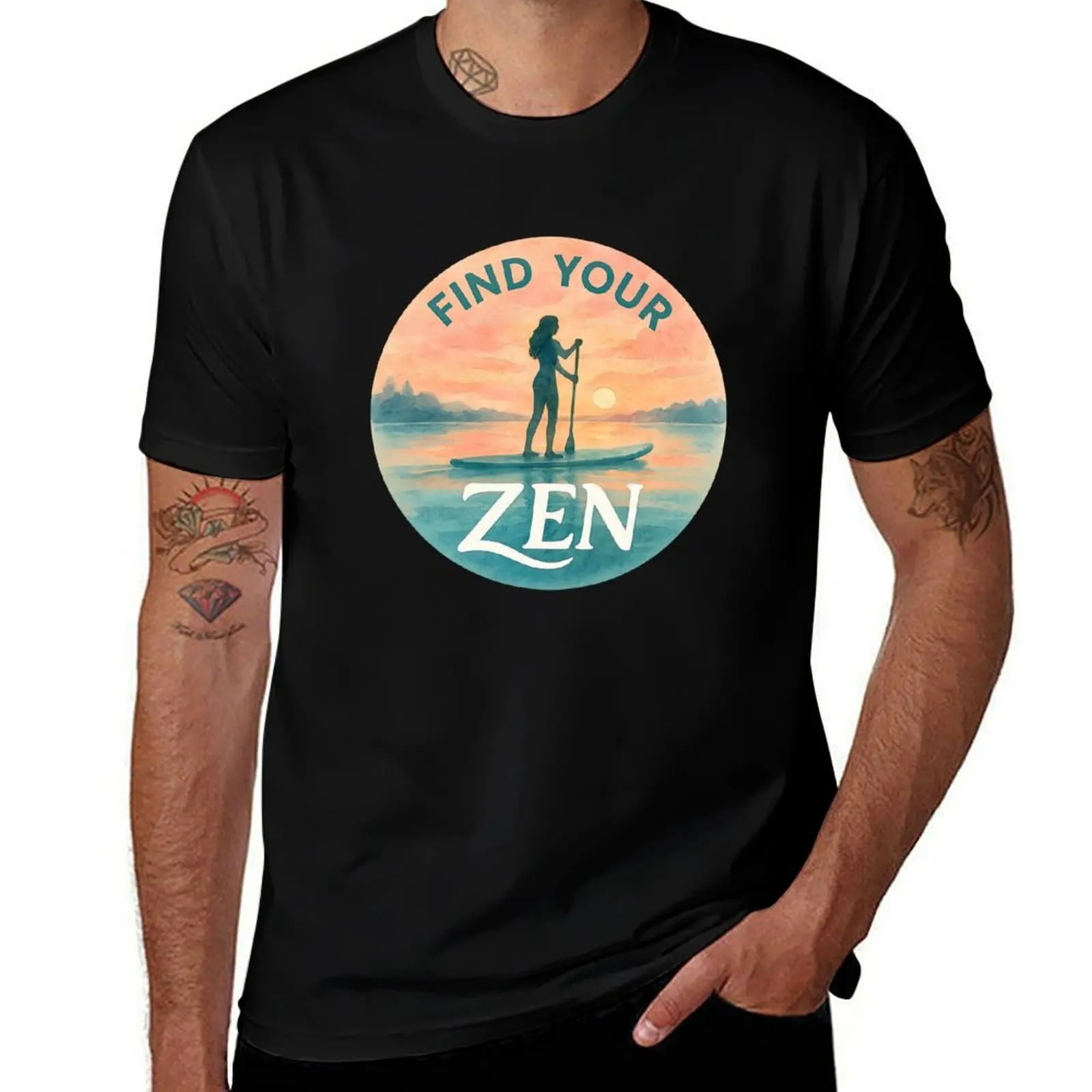 

Find Your Zen – Paddleboarding Watercolor Circle Art T-Shirt for a boy summer shirt custom t shirt mens clothes