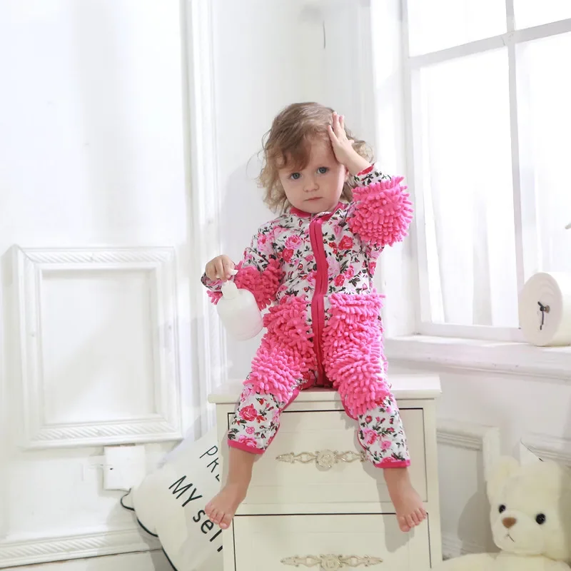 2024 Infant Crawls Clothing Jumpsuit Toddler Boy Cleaning Baby Girl Romper Outfit One-piece Children Mop Suit Matching Costume