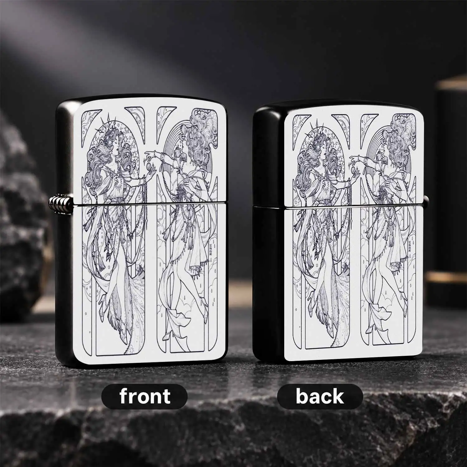 Vintage Art Nouveau Sun and Moon Dual Goddess Pattern Exquisite Line Art Stylish Collectible PORTABLE Windproof Art Themed Unique Literary Gift for Men Women Daily Carry Use A fun and humorous lighter