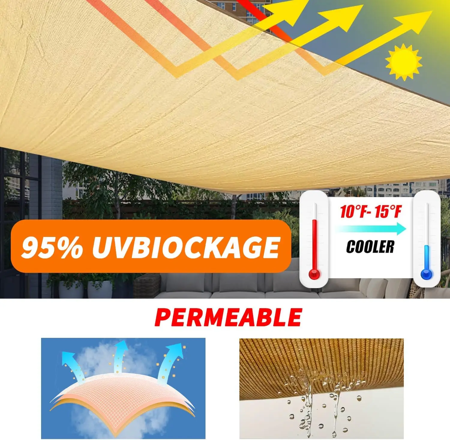20' x 20' Sand Rectangle Sun Shade Sail Outdoor Canopy Awning UPF50+, 95% UV Blockage, Sunshade with High-Strength Steel Cable E