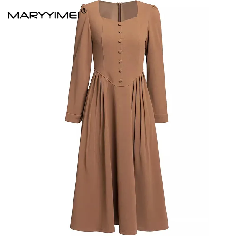 

MARYYIMEI Autumn Winter Women's Dress Square-Neck Long-Sleeved Romantic Daily Basic Vacation Style Solid Color Midi Dresses