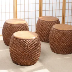 Taburete bajo para sofá, taburete redondo de paja tejida de ratán, silla Tatami, silla de té, banco pequeño para sala de estar, taburete de tambor 2024