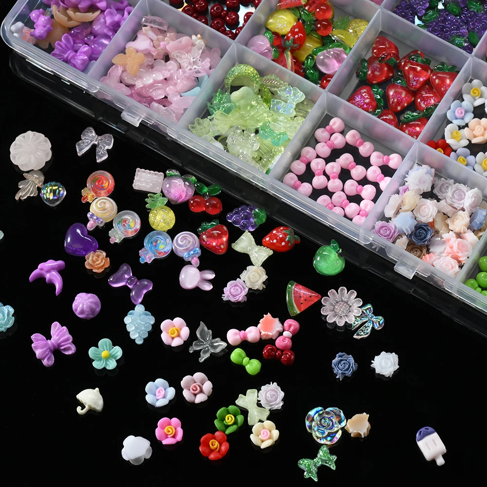 12/24Grids Mixed Fruit Bow Nail Charms Assorted Grapes Peach Cherry Pineapple Nail Art Decoration DIY Fruit Gems Manicure Parts