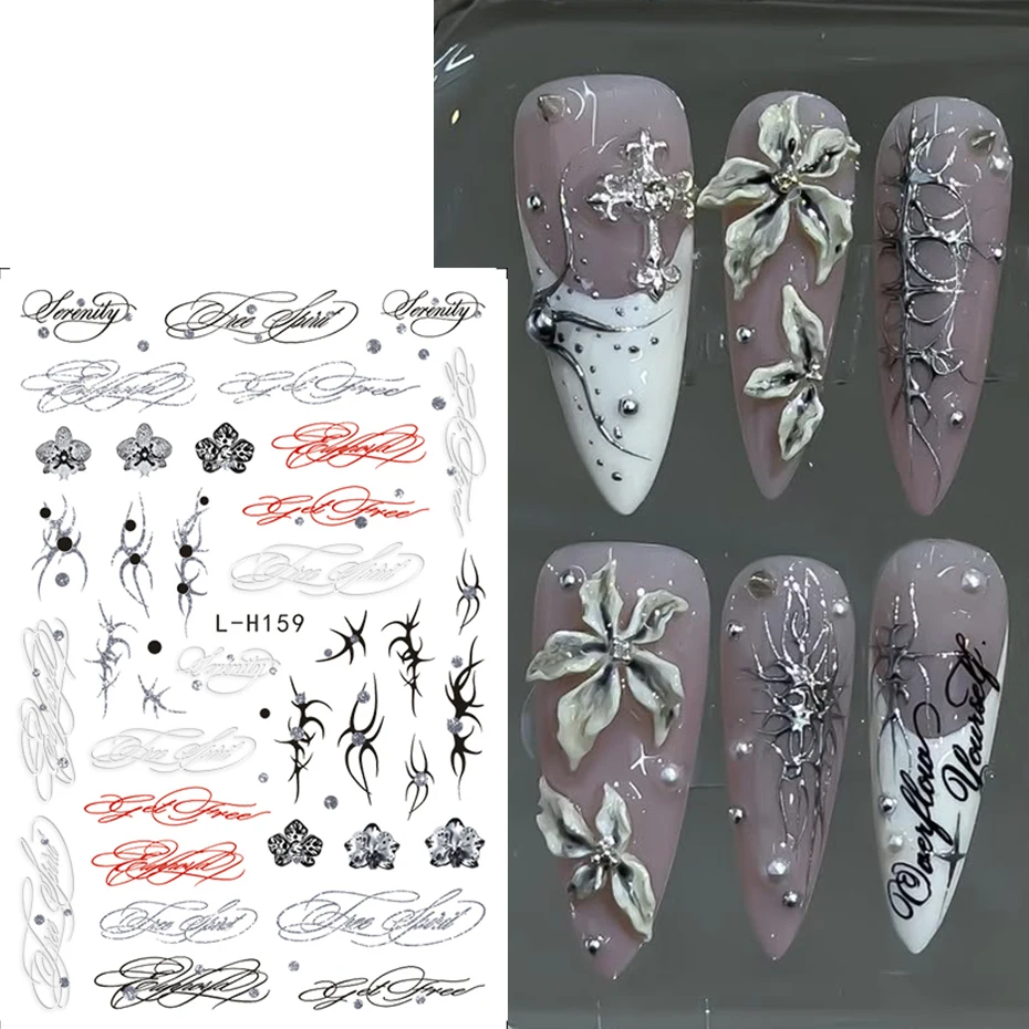2/3 piezas calcomanías de uñas con letras en inglés estilo punk letras góticas artísticas charms de uñas Y2K metálicas retro decoración de uñas 5