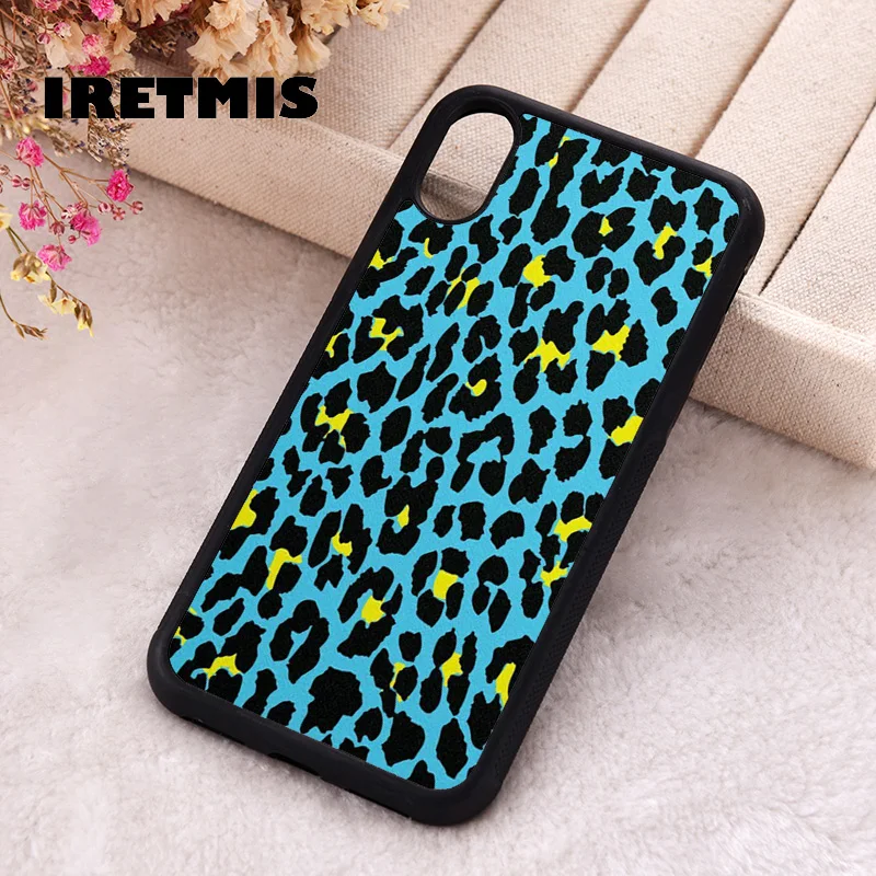 Iretmis 5 5S SE Phone Cover Case for iPhone 6 6S 7 8 Plus X Xs XR 11 12 13 MINI 14 Pro Max Yellow on Blue Leopard Print Pattern