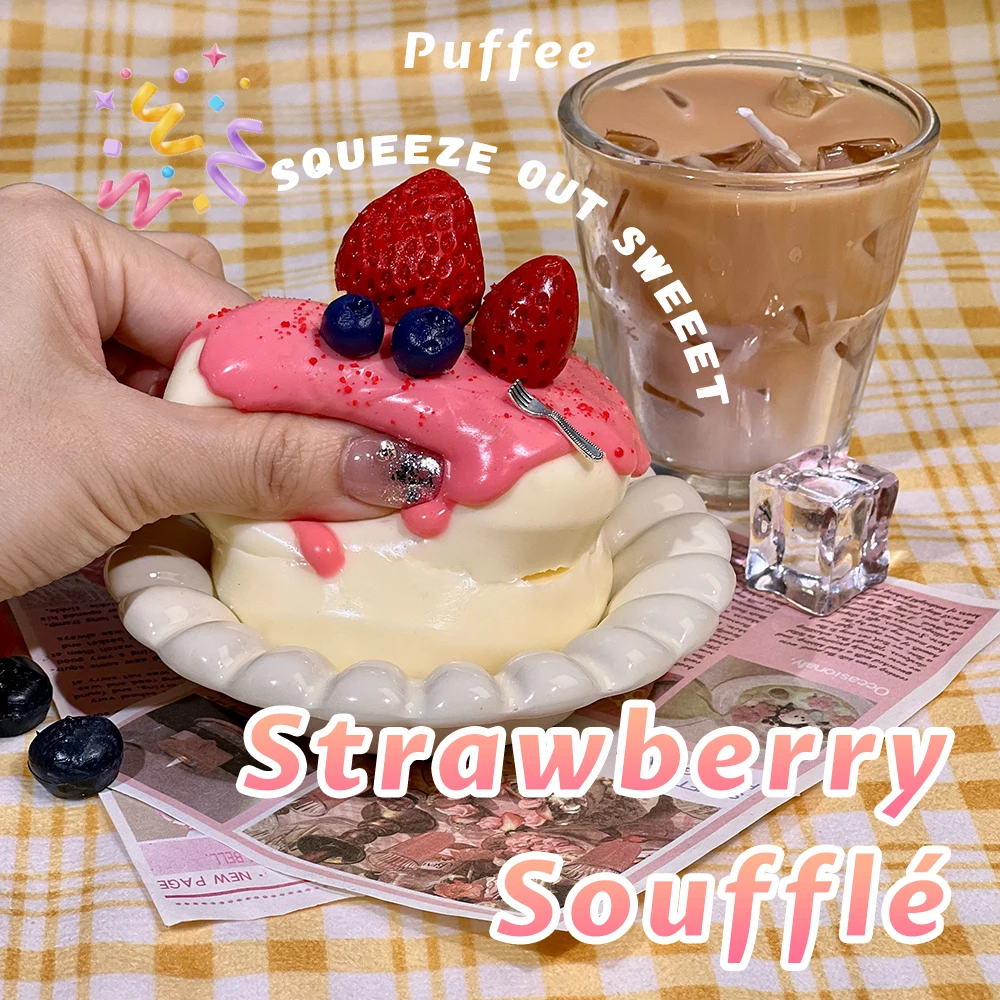 Brinquedo mole de silicone de qualidade alimentar com soufflé de morango, mole artesanal, brinquedo de apertar adesivo macio cremoso, panqueca doce