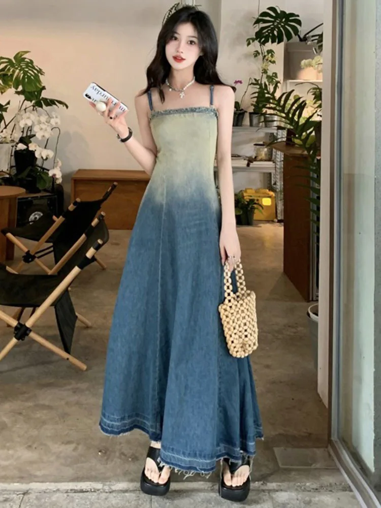 

Unique Design Gradient Tube Top Suspender Dress Women Summer 2023 New Niche Waist Long Skirt Raw Edges Casual Female Dresses