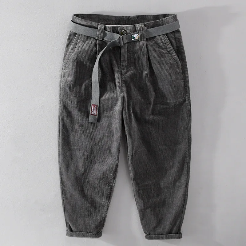

Fall Winter Pants Men Japanese Retro Casual Corduroy Nine Point Pants Straight Baggy Gray Pants with Belt Daily Mens Trousers