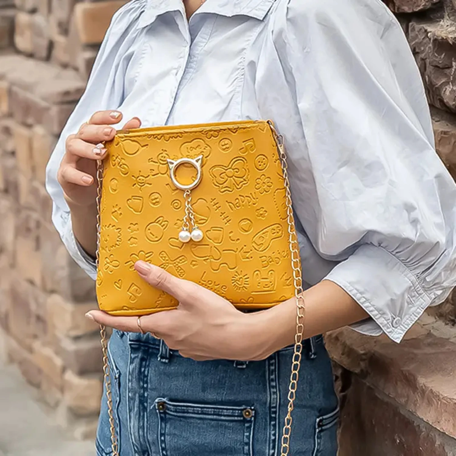 

Faux Pearl Decor Bow Embossed Bucket Bag, Faux Leather Shoulder Bag With Adjustable Strap