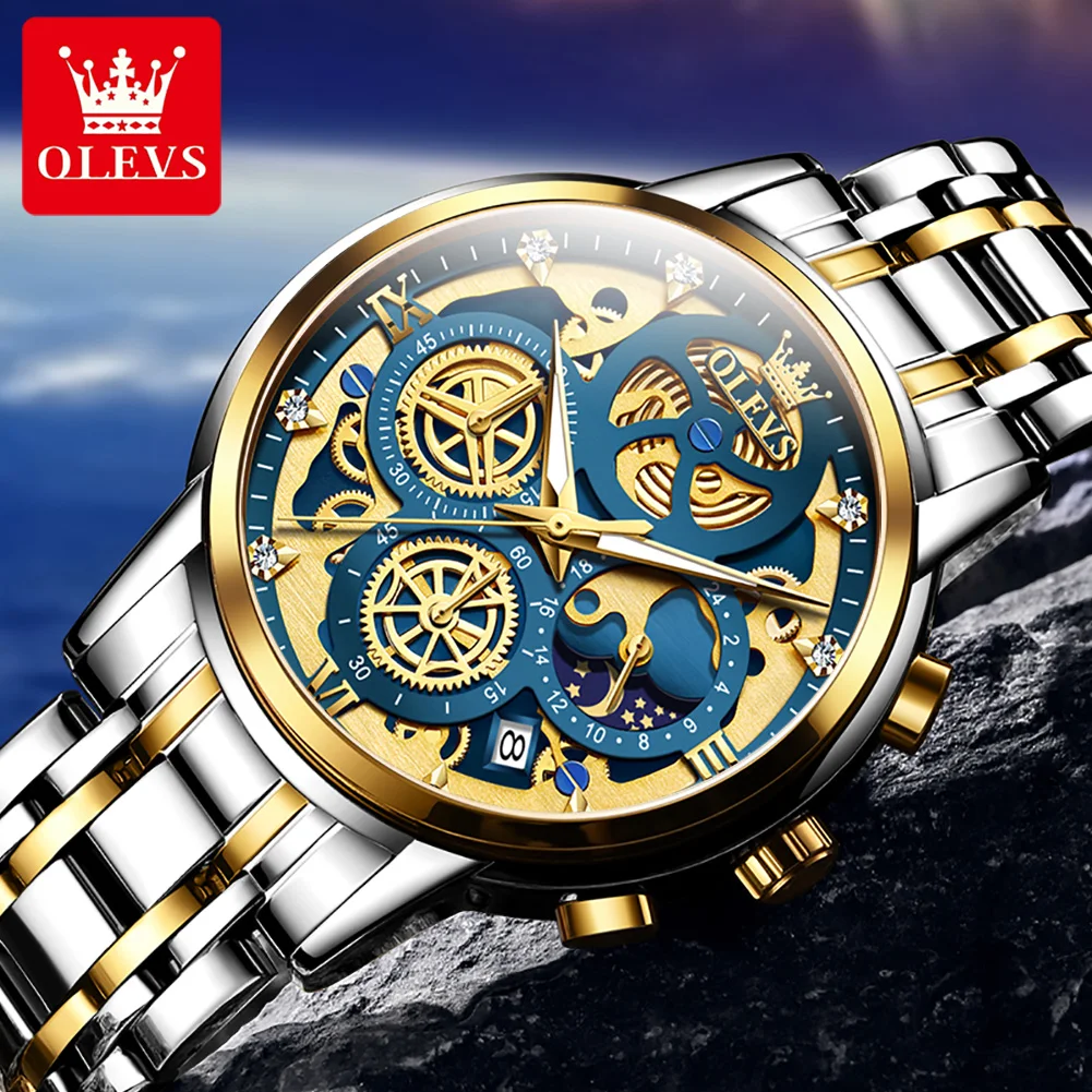 OLEVS Fashion Quartz Watch for Men Luxury Stainless Steel Men\'s Watch Waterproof Luminous Skeleton Design Dial Wristwatch Reloj