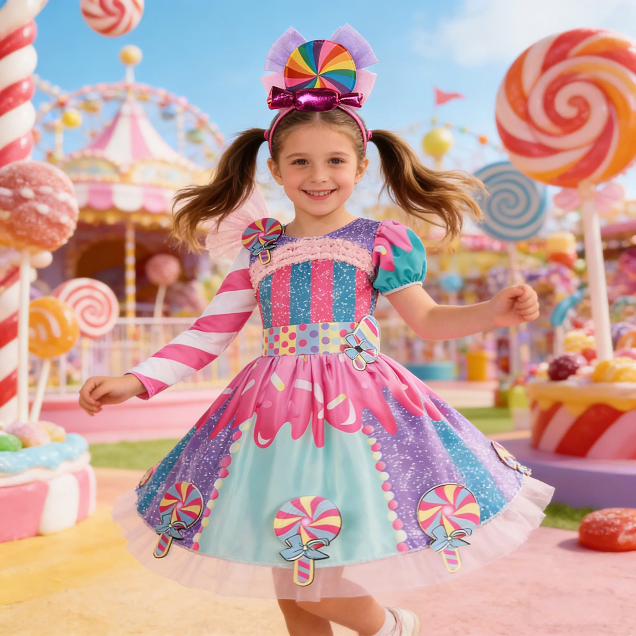 

Костюм для косплея «Фея-конфетка» для девочек, карнавальный костюм для малышей на Пурим, радужное платье, платье для дня рождения для девочек с длинными и короткими рукавами