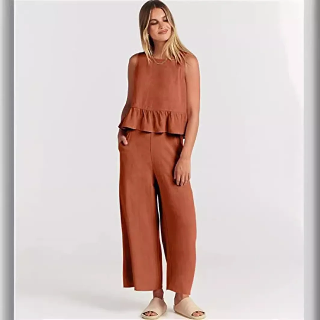 Women\'s S-3XL plus size Summer women\'s pleated sleeveless vest with wide leg straight leg cropped pants casual set