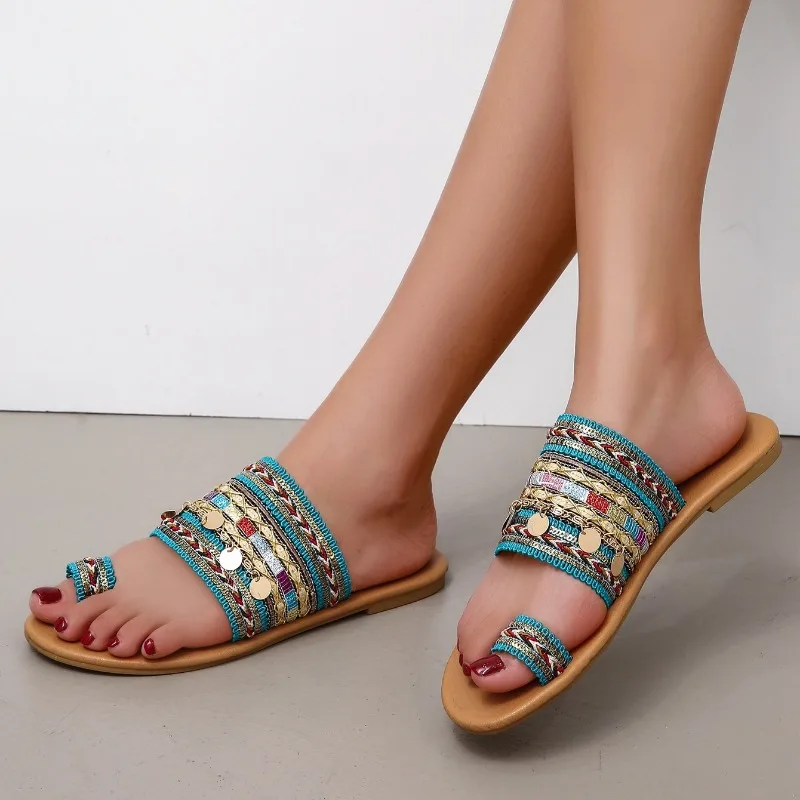 صنادل نسائية خفيفة الوزن مقاس كبير 35-43 نمط عرقي نعل ناعم مريح بسيط نعال مسطحة شباشب للتنقل اليومي #2