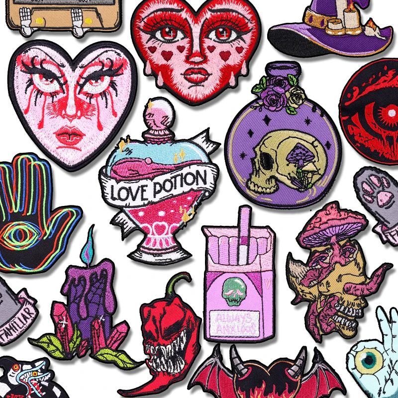 Liebe Trank Patch Schädel Flasche Gestickte Patches DIY Eisen Auf Patches Für Kleidung Punk Patch Jacken Jeans Hüte Nähen Abzeichen