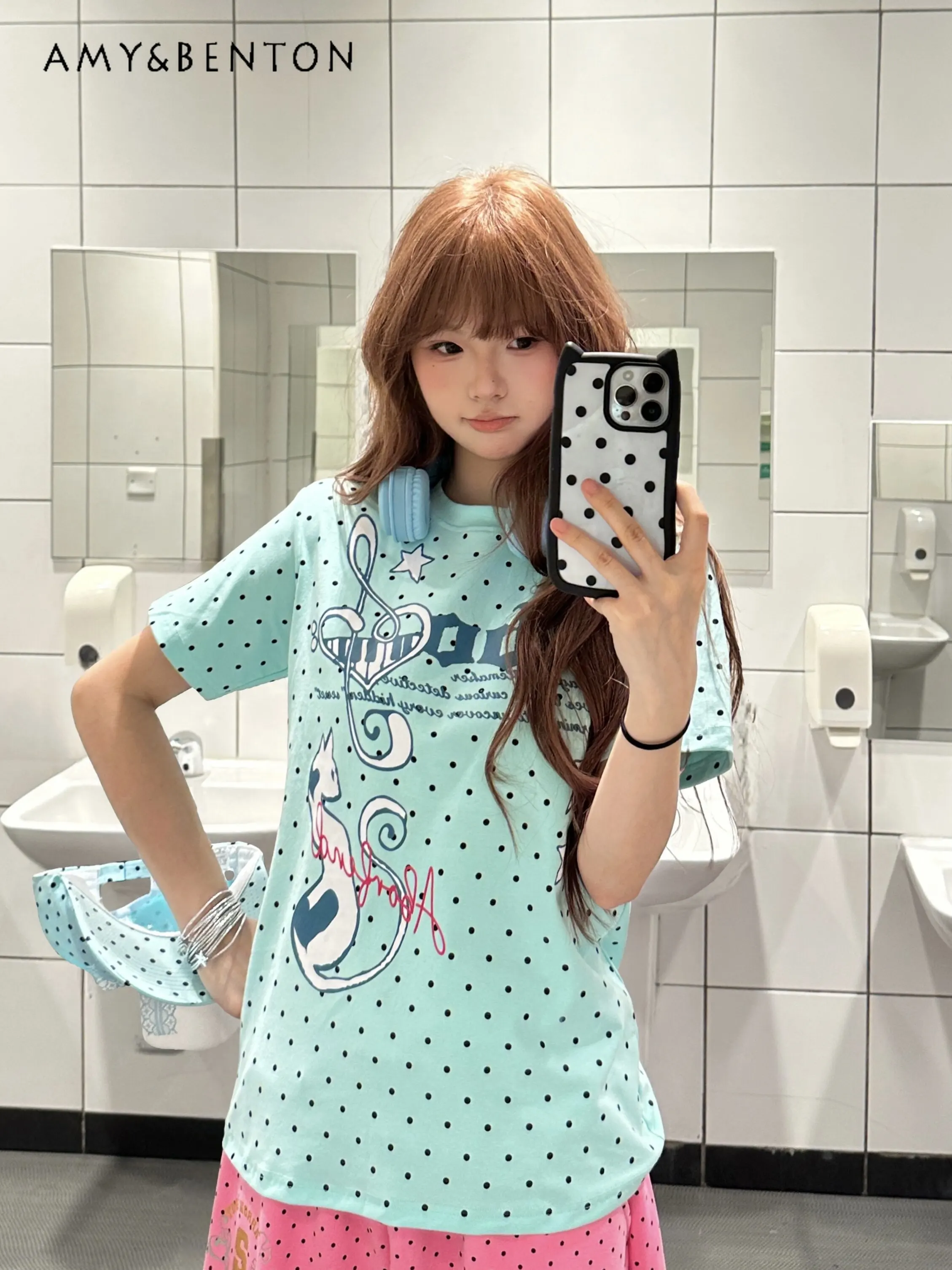 

2026 Summer Women's American Retro Streetwear Pink Yellow Polka Dot Star Cat Print Loose Casual Round Neck Short Sleeve T-Shirt
