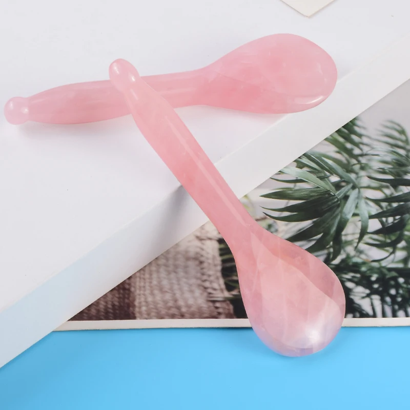 Rose Quartz Round Spoon Shaped Gua Sha Tool Face Massage Wand Head Neck Eye Acupuncture Pen Natural Stone Crystal Beauty Product