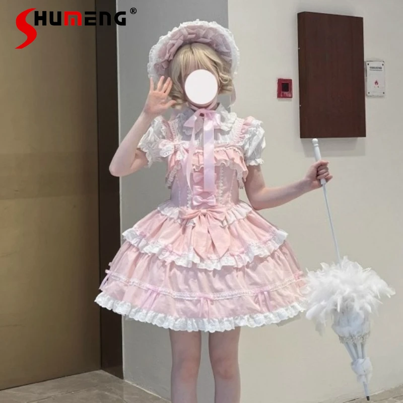 

Japanese Lolita Style Pink Suspender Dress Jsk Summer Girl's Cute Bow High Waist Slim Elegant Short Dress Y2k Sleeveless Dress