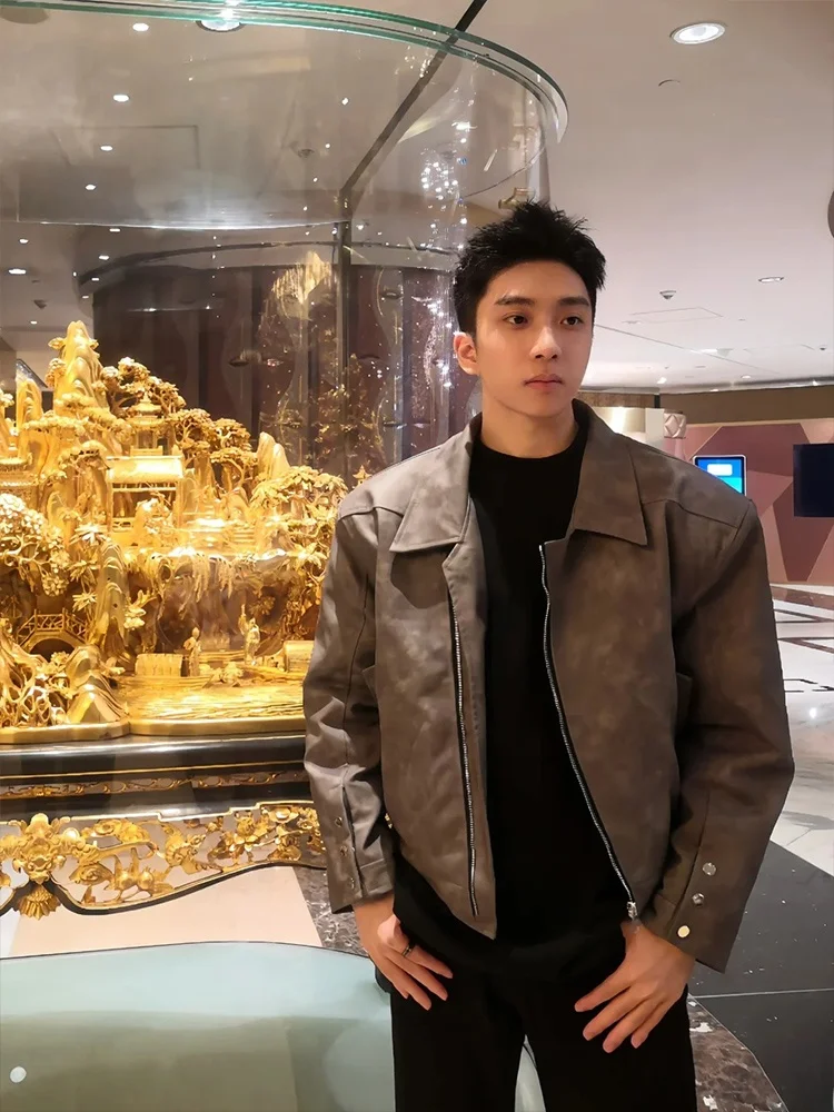 

Коричневая кожаная куртка мужская демисезонная, модная, брендовая, премиум-класса, стильная, ретро, мотоциклетная куртка